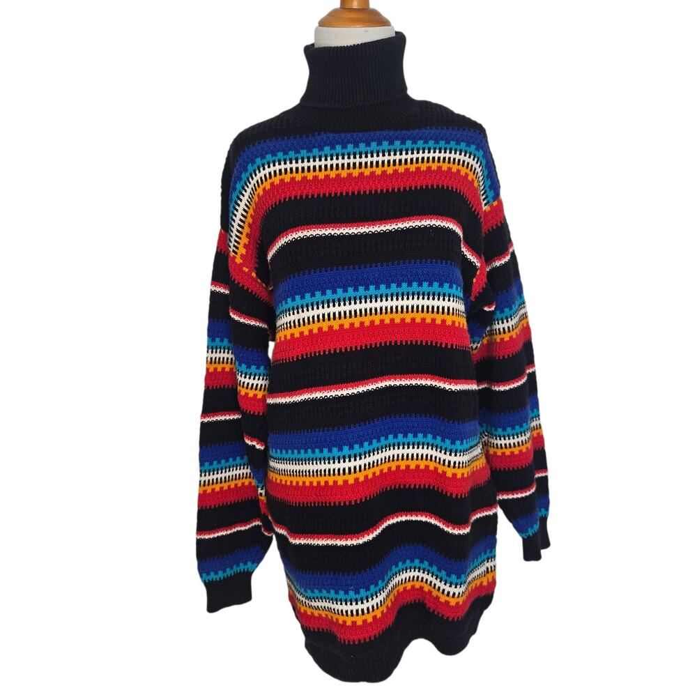 Vintage Rainbow Turtleneck Sweater Indie Eclectic Artsy Women Tunic Cotton Small
